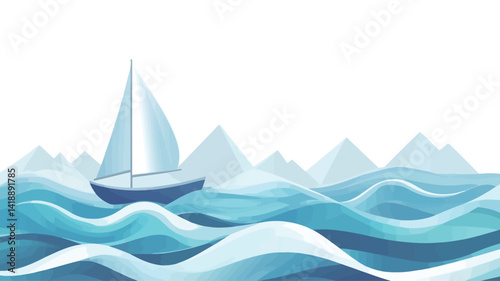 This work is a stylized illustration or painting of a sailboat sailing through the slowly rolling waves on the sea. The color scheme is mainly blue, from dark to light.