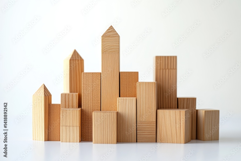 Wooden blocks arranged as a miniature cityscape, representing growth and development. Wooden blocks arranged as a miniature cityscape, representing growth and development.
