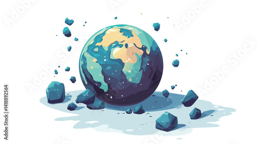 A stylized digital illustration depicts a sphere, partially obscured by shadows, surrounded by a fractured ice-like crystal structure. The color scheme is muted, with blues, greens, and