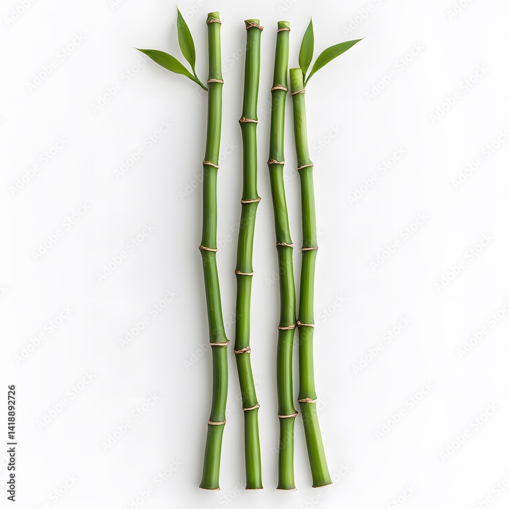 Three fresh green bamboo stalks with leaves arranged vertically against a plain white background, emphasizing natural texture and vibrant color for nature or botanical themes Three fresh green bamboo stalks with leaves arranged vertically against a plain white background, emphasizing natural texture and vibrant color for nature or botanical themes