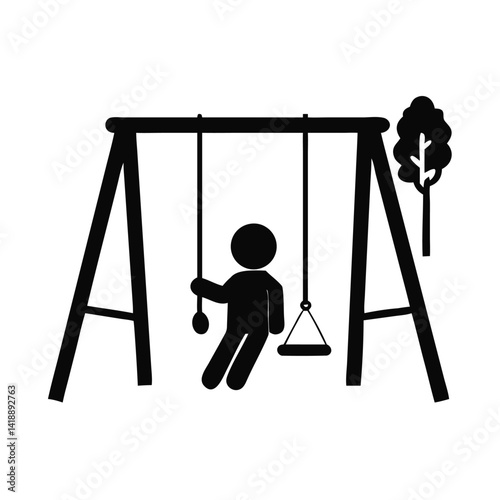 Simple Black Swing Icon with Person, Playground Fun Vector Illustration