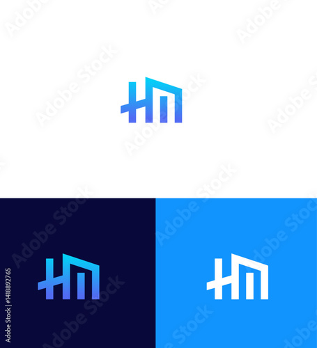 HM Logo Design Modern House, Minimalist, Blue Gradient