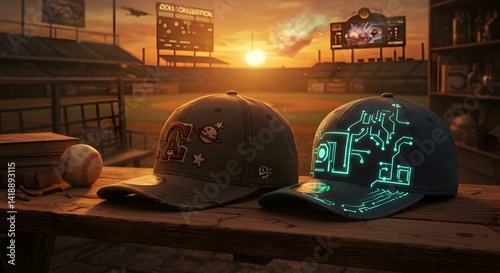 Nostalgic Baseball Scene with Baseball Caps and Retro Futurism Touches photo