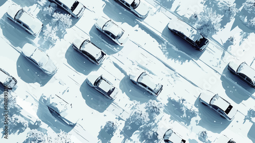 This high-angle bird's-eye view of a snow-covered parking lot shows countless vehicles parked in a seemingly orderly array, with the shapes appearing in different shades of blue.