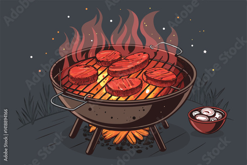 A large charcoal BBQ pit overflowing with various meats – ribs, sausages, chicken – roasting over hot coals, smoke billowing.