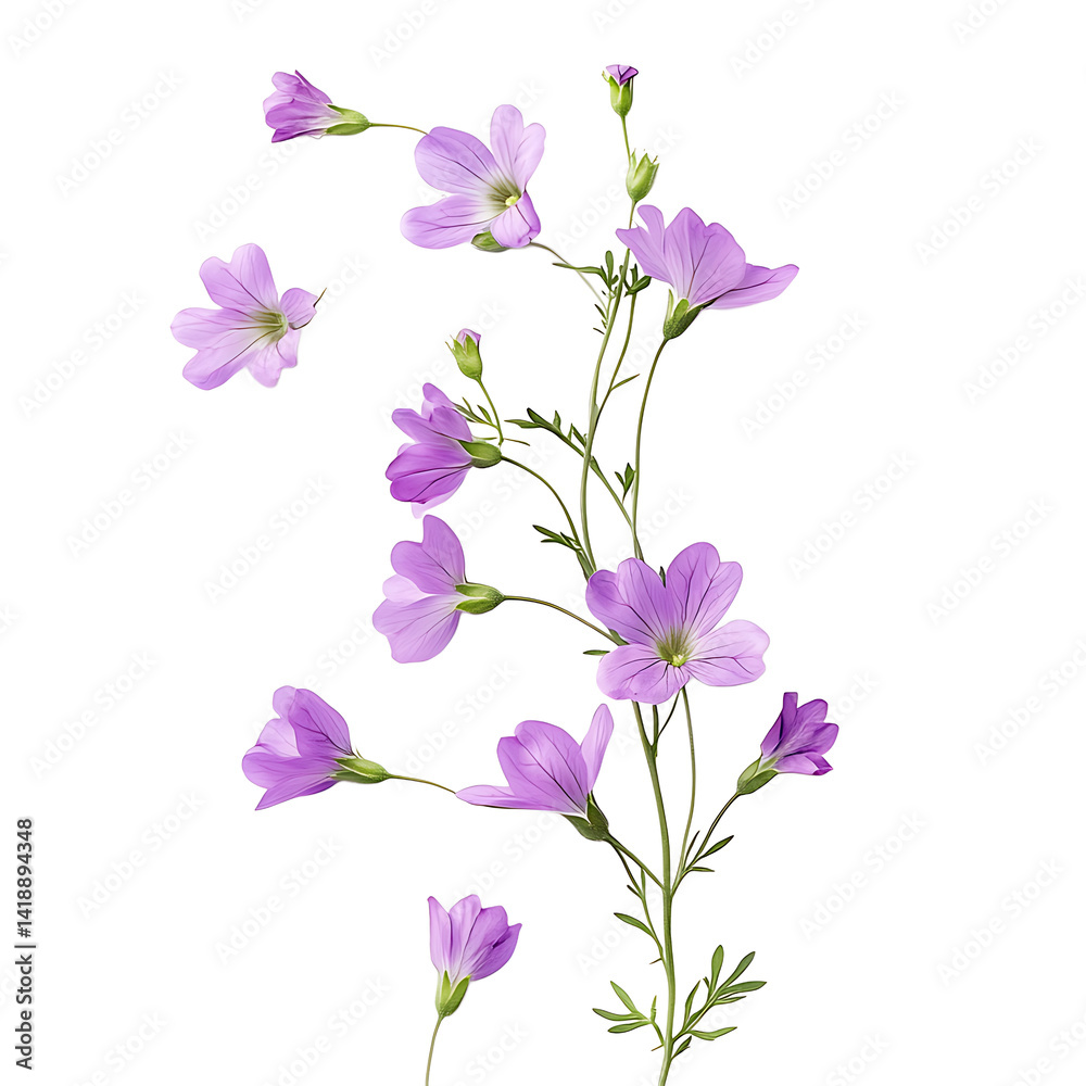 Beautiful purple wildflowers with green leaves isolated on a transparent background Beautiful purple wildflowers with green leaves isolated on a transparent background