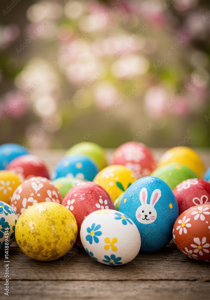 Fototapeta premium Colorful Easter Eggs with Floral and Bunny Designs on Wooden Table