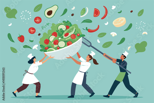 A team of chefs playfully tosses a colossal salad, a comically oversized T-shirt incorporated into the scene.  Illustrative, vibrant, cartoonish style.