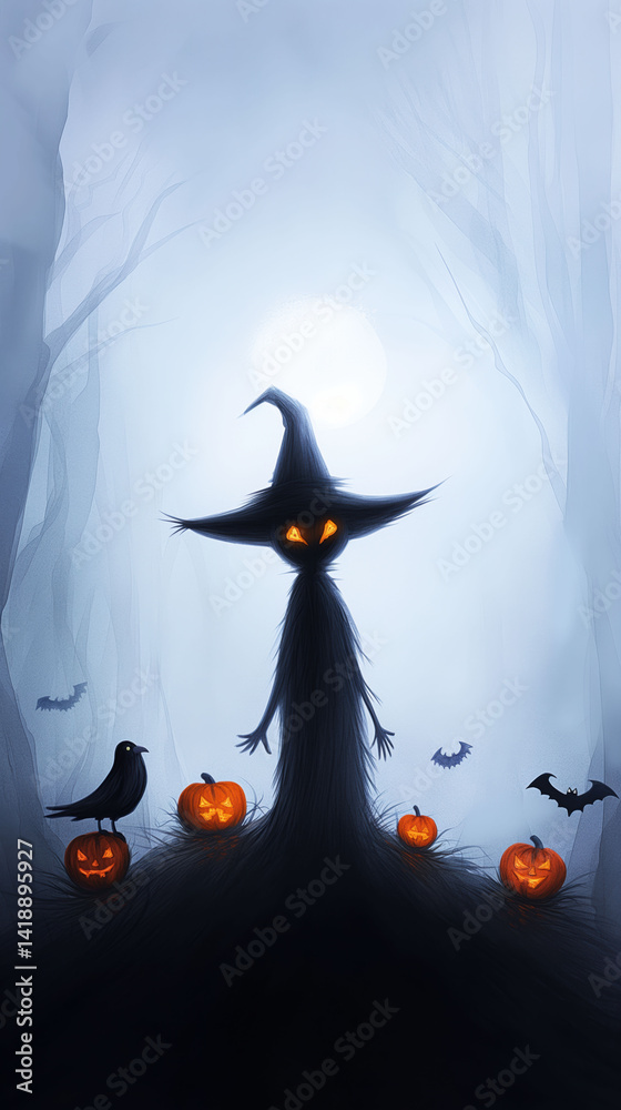 Spooky Halloween Scarecrow Stands in a Pumpkin Patch at Folsom Lake, California Under the Eerie Glow of Lanterns