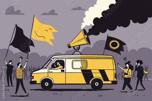 Illustrate a classic protest scene a crowd with banners and flags, a loudspeaker van, strong sense of energy and movement.  Focus on the human element.