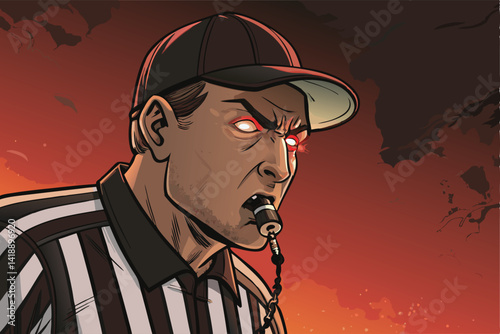 Close-up portrait of a serious, intense referee's face, lips pursed, whistle held firmly in mouth, ready to blow.