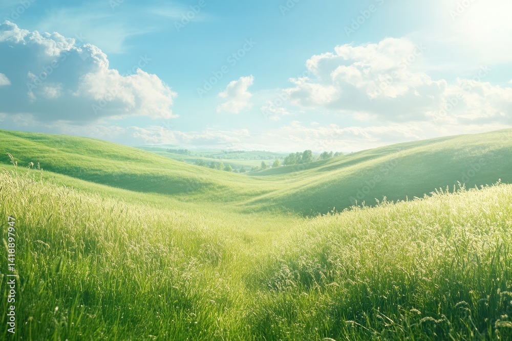 Fototapeta premium Rolling green hills and tall grass under a sunny, cloudy blue sky. Ideal for nature scenes or conveying peace and tranquility.