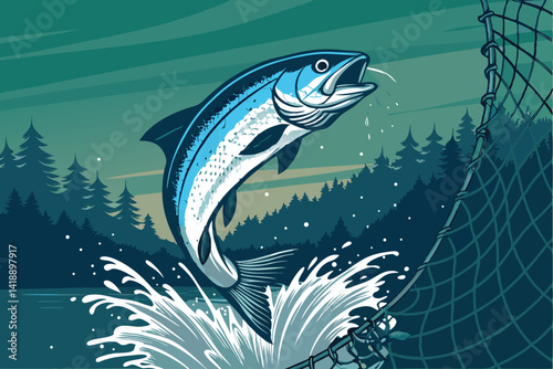 A dynamic close-up shot depicting a silver fish leaping from a fishing net, with motion blur emphasizing its movement.  The net's texture and the fish's scales are sharply defined.