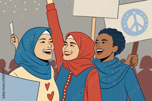 Create a vibrant comic panel depicting a joyful, peaceful protest; smiling diverse protestors holding signs with positive messages.  Focus on the feeling of unity and optimism.