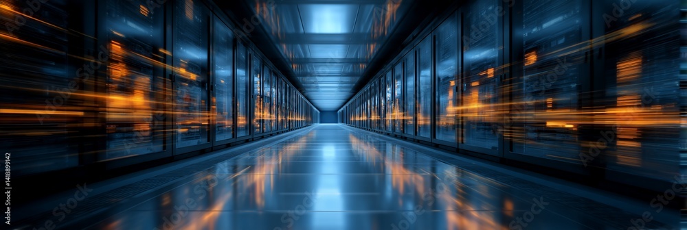 High-tech server room hallway with vibrant, fast moving light patterns High-tech server room hallway with vibrant, fast moving light patterns