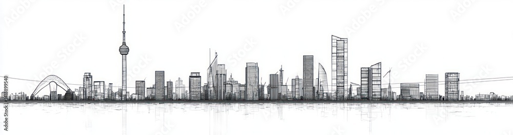 Fototapeta premium Minimalist Johannesburg City Skyline Line Art Simple Black and White Modern Architectural Elements Symmetrical Composition Monochrome Urban Travel Banner