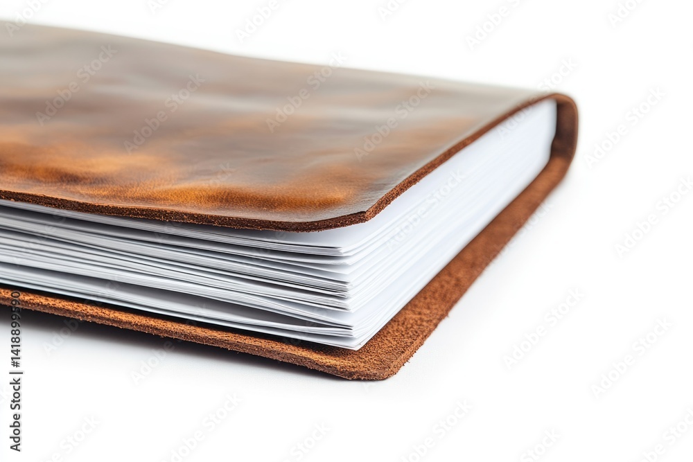 Close-up of a brown leather-bound book, showcasing its textured cover and neatly stacked pages. Close-up of a brown leather-bound book, showcasing its textured cover and neatly stacked pages.