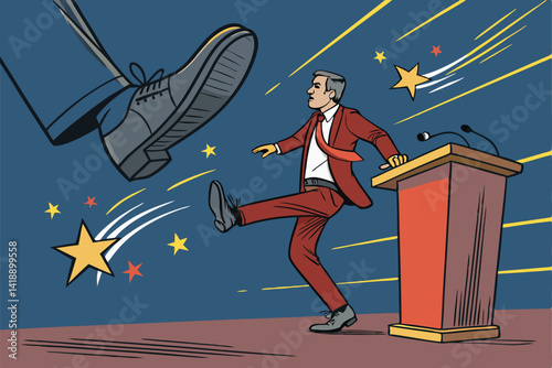 A dynamic comic-style illustration of a powerful foot kicking a corrupt businessman in a suit, sending him flying.  Focus on exaggerated action and vibrant colors.