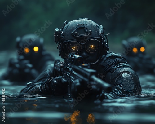 Special forces in black waters at night, glowing night vision lenses reflecting tactical movements, stealthy operation, generative AI concept art