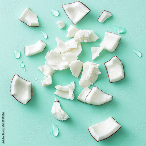 Ultra‑Realistic Macro of Cracked Coconut Pieces with Water Droplets on Clean Background