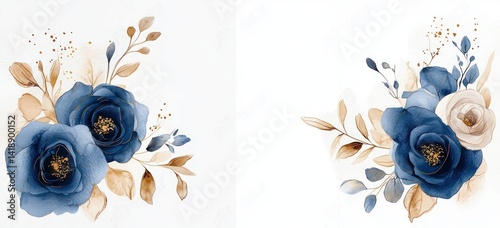 Wallpaper Mural Watercolor floral invitation card with navy blue roses beige leaves golden line art elegant minimalistic wedding template Torontodigital.ca