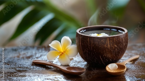 Cup of black tea in coconut wood cup with wooden spoon and frangipani flower on rustic table, representing natural lifestyle, herbal beverage, tropical relaxation, and organic morning routine concept