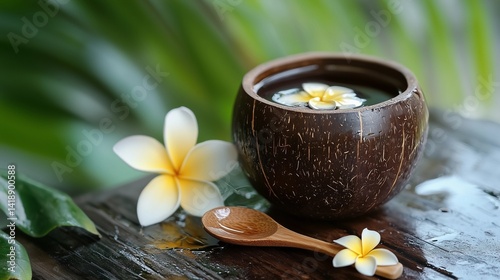 Cup of black tea in coconut wood cup with wooden spoon and frangipani flower on rustic table, representing natural lifestyle, herbal beverage, tropical relaxation, and organic morning routine concept