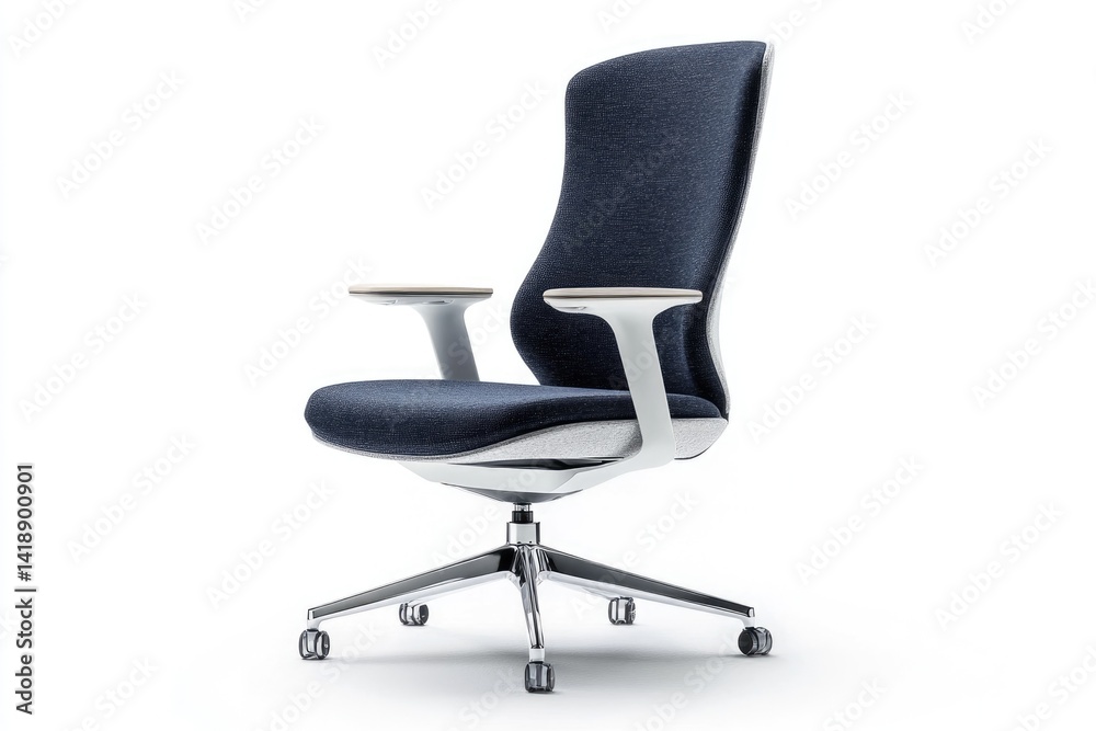 Modern ergonomic office chair with a navy blue fabric seat and white armrests, designed for comfort and style.