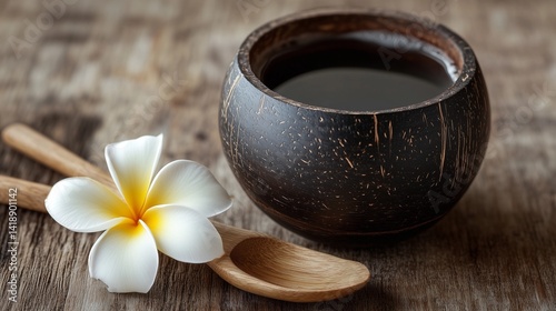 Cup of black tea in coconut wood cup with wooden spoon and frangipani flower on rustic table, representing natural lifestyle, herbal beverage, tropical relaxation, and organic morning routine concept