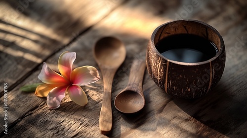 Cup of black tea in coconut wood cup with wooden spoon and frangipani flower on rustic table, representing natural lifestyle, herbal beverage, tropical relaxation, and organic morning routine concept