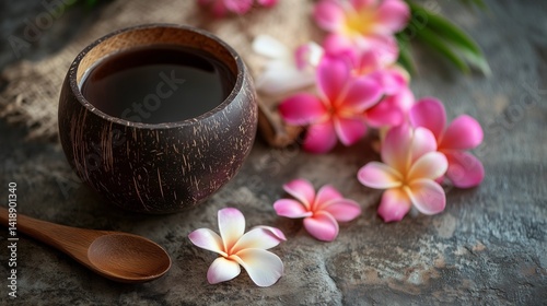 Cup of black tea in coconut wood cup with wooden spoon and frangipani flower on rustic table, representing natural lifestyle, herbal beverage, tropical relaxation, and organic morning routine concept