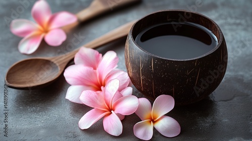 Cup of black tea in coconut wood cup with wooden spoon and frangipani flower on rustic table, representing natural lifestyle, herbal beverage, tropical relaxation, and organic morning routine concept