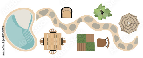 Top view of furniture icons for interior and landscape design plan. Pool, armchairs, table, plants, terrace, pool, patio, garden, porch zone. Vector illustrations isolated on transparent background.