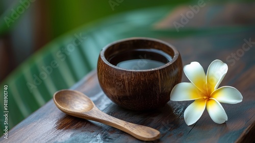 Cup of black tea in coconut wood cup with wooden spoon and frangipani flower on rustic table, representing natural lifestyle, herbal beverage, tropical relaxation, and organic morning routine concept