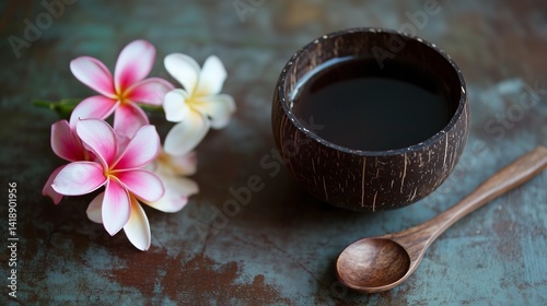 Cup of black tea in coconut wood cup with wooden spoon and frangipani flower on rustic table, representing natural lifestyle, herbal beverage, tropical relaxation, and organic morning routine concept