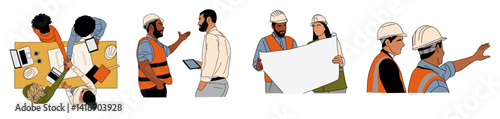 Set of building and architecture business scenes. Engineers, business people having meeting, controlling constructions. Outline colored sketch drawings isolated on transparent background.