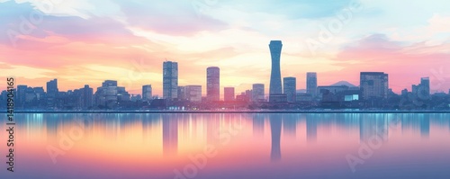 Minimalist Kobe Cityscape Soft Gradient Pastel Skyline Urban Landmarks Symmetrical Flat Design Serene Hazy Lighting Japan Travel Background