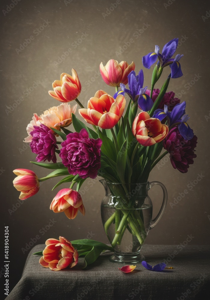 Fototapeta premium Colorful Spring Bouquet of Tulips Irises and Peonies in Glass Vase