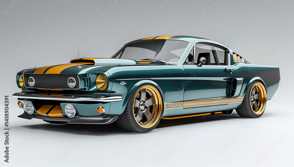 Naklejka premium Teal Mustang Car with Gold Stripes and Trim on White Background, Detailed Rendering