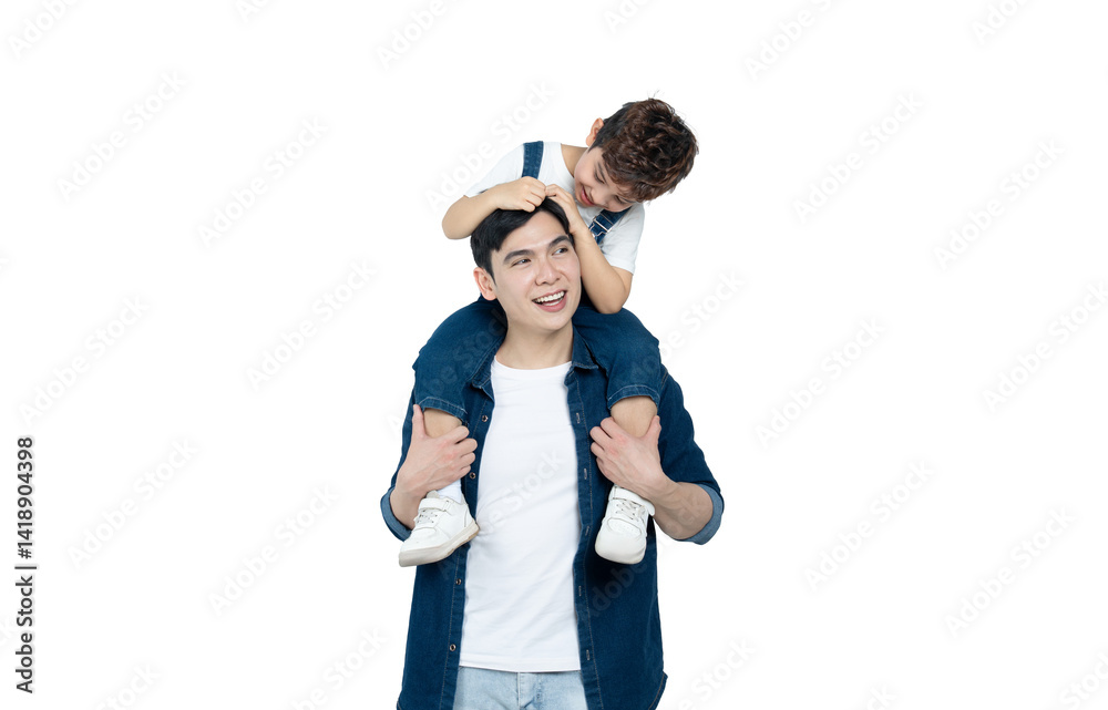 Fototapeta premium portrait of asian father and son posing on background