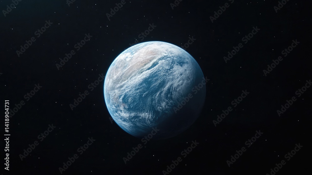 Earth Planet in Space, Starry Background, Realistic Style, High-Definition Rendering, Centered View, Detailed Clouds, Rotating Orbit, Dark Space, Cool Blue Hues, Environmental Awareness Campaign Earth Planet in Space, Starry Background, Realistic Style, High-Definition Rendering, Centered View, Detailed Clouds, Rotating Orbit, Dark Space, Cool Blue Hues, Environmental Awareness Campaign