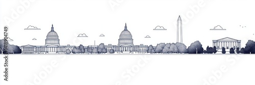 Minimalist Line Art Washington D C Landmarks White House Capitol Washington Monument Black Outline White Background