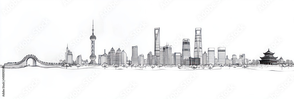 Fototapeta premium Minimalist China Skyline Line Art with Great Wall Pagoda and Modern Buildings Black Ink on White Background