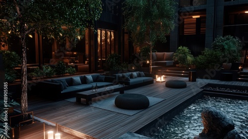 Urban courtyard lounge at night, featuring a fire pit, modern furniture, and city views.  Possible use Architecture, design, luxury living photo