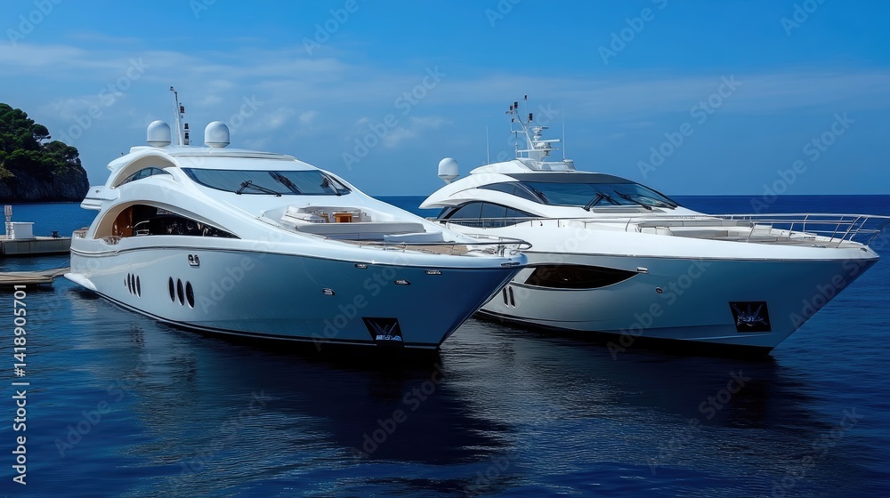 Luxurious white yachts moored in calm blue waters. Two impressive vessels, sleek and modern, rest peacefully in a tranquil marina setting. The pristine white hulls gleam under the bright sun, Luxurious white yachts moored in calm blue waters. Two impressive vessels, sleek and modern, rest peacefully in a tranquil marina setting. The pristine white hulls gleam under the bright sun,