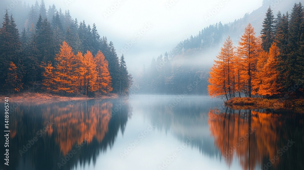 Fototapeta premium Autumn mist over lake with vibrant trees