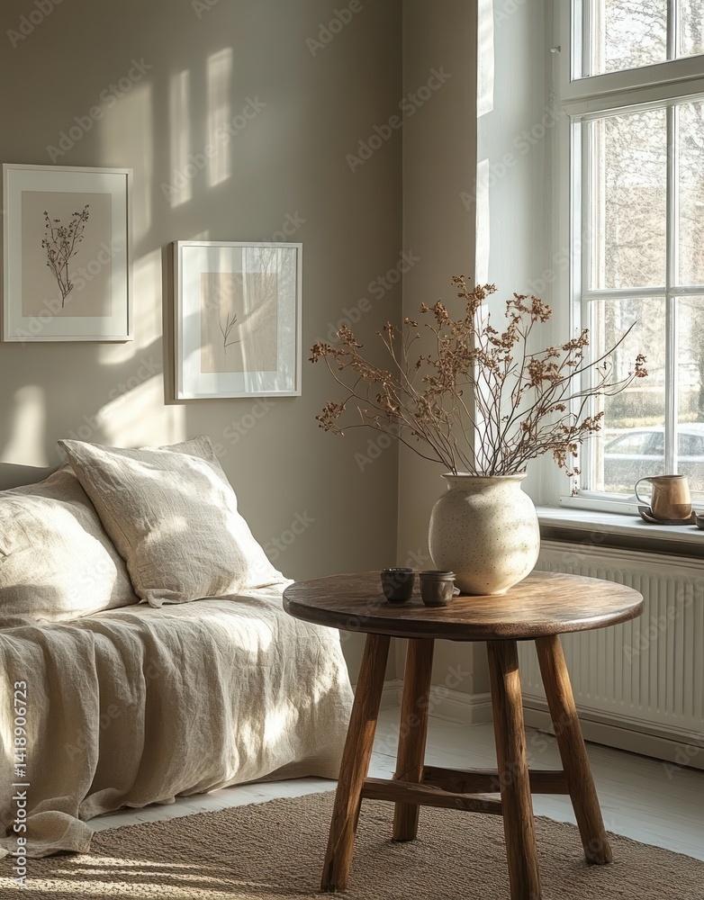 Minimalist Scandinavian living room with wooden furniture dried plants ceramic vase modern interior design art gallery style warm natural lighting