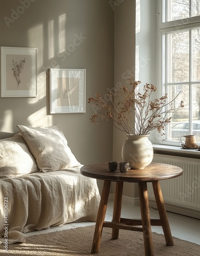 Obraz na płótnie Minimalist Scandinavian living room with wooden furniture dried plants ceramic vase modern interior design art gallery style warm natural lighting w salonie