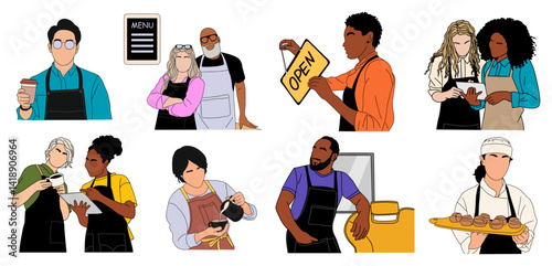 Set of diverse people working at small business vector outline colored illustrations. Collection of owners small barber shop, cafe, store, bakery, pottery services isolated on transparent background