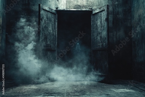 Dark, mysterious doorway shrouded in fog